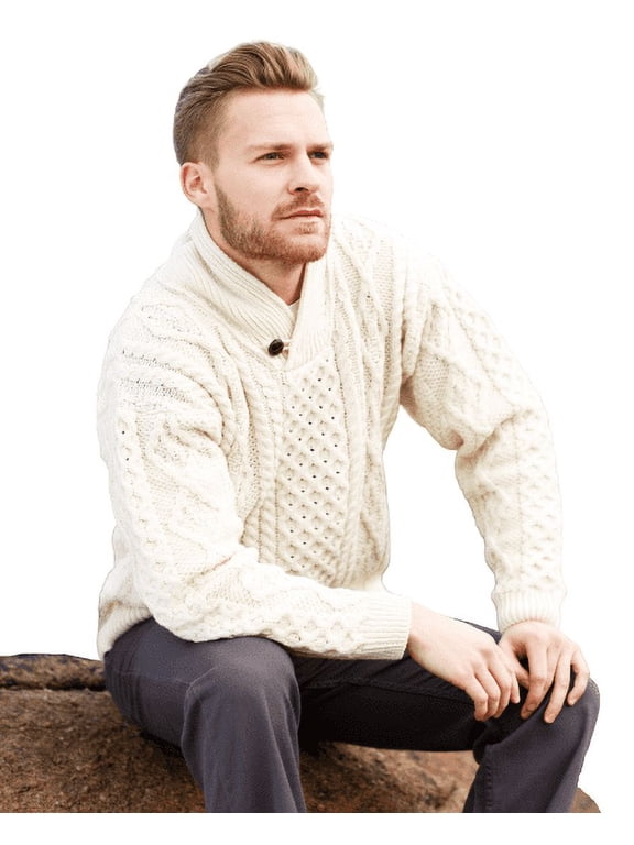 Aran Shawl Collar Cardigan Sweater 100% Premium Merino Wool Irish Cable Knitted Fisherman Pullover Made in Ireland | White