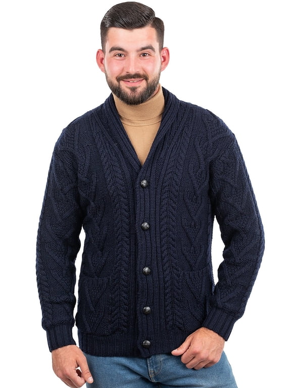 Aran Shawl Collar Fisherman Cardigan Sweater 100% Merino Wool Men's Irish Cable Knitted Buttons Jacket Made in Ireland