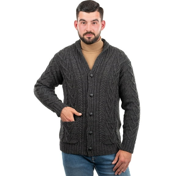 SAOL Aran Shawl Collar Fisherman Cardigan Sweater 100% Merino Wool Men's Irish Cable Knitted Buttons Jacket Made in Ireland