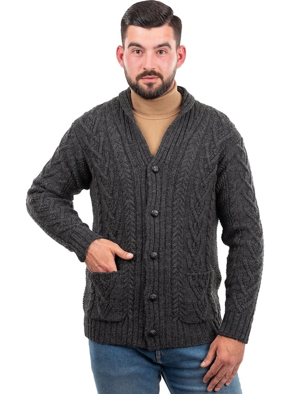 Aran Shawl Collar Fisherman Cardigan Sweater 100% Merino Wool Men's Irish Cable Knitted Buttons Jacket Made in Ireland