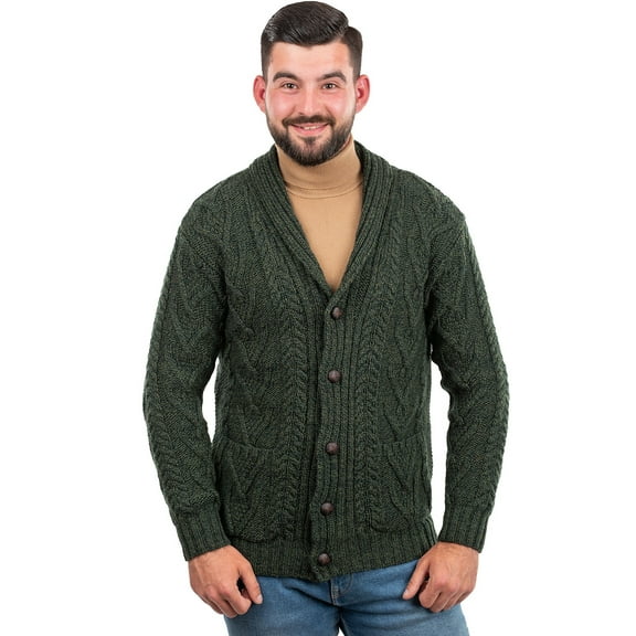 SAOL Aran Shawl Collar Fisherman Cardigan Sweater 100% Merino Wool Men's Irish Cable Knitted Buttons Jacket Made in Ireland