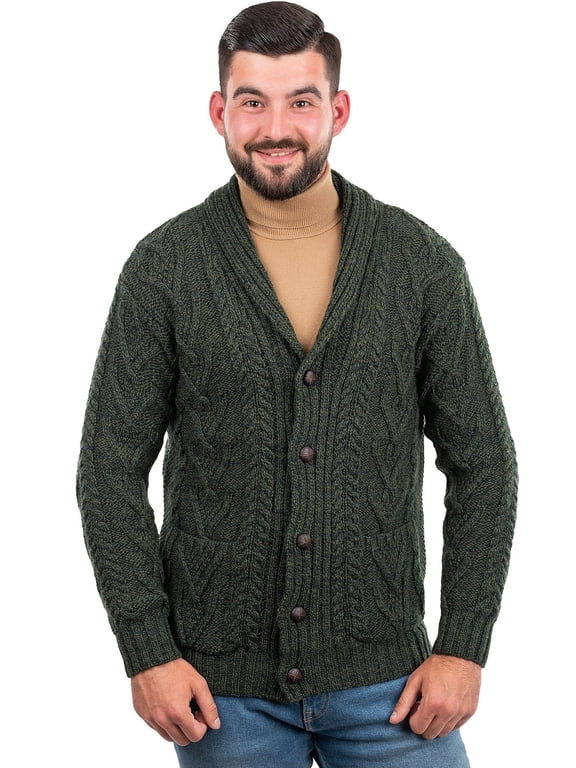 Aran Shawl Collar Fisherman Cardigan Sweater 100% Merino Wool Men's Irish Cable Knitted Buttons Jacket Made in Ireland