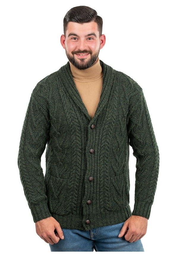 Aran Shawl Collar Fisherman Cardigan Sweater 100% Merino Wool Men's Irish Cable Knitted Buttons Jacket Made in Ireland