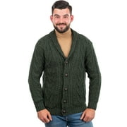 SAOL Aran Shawl Collar Fisherman Cardigan Sweater 100% Merino Wool Mens Irish Cable Knitted Buttons Jacket Made in Ireland
