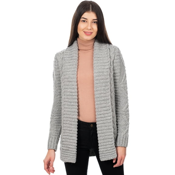 SAOL Aran Shawl Collar Open Front Irish Cardigan Sweater Women's Wool Blend Coat Cable Knitted Jacket