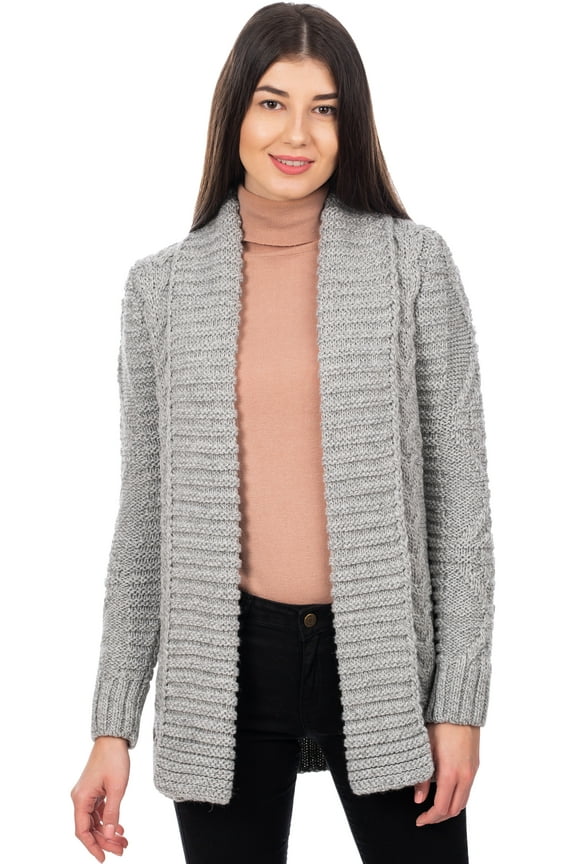 Aran Shawl Collar Open Front Irish Cardigan Sweater Women's Wool Blend Coat Cable Knitted Jacket