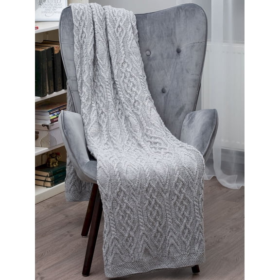 SAOL Aran Traditional Cable Knit Wool Throw Blanket Chunky Camping Cover 75" x 46"Made in Ireland
