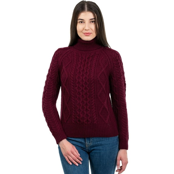 SAOL Aran Women's Irish Sweater 100% Merino Wool Fisherman Cable Knit Turtleneck Pullover Made in Ireland