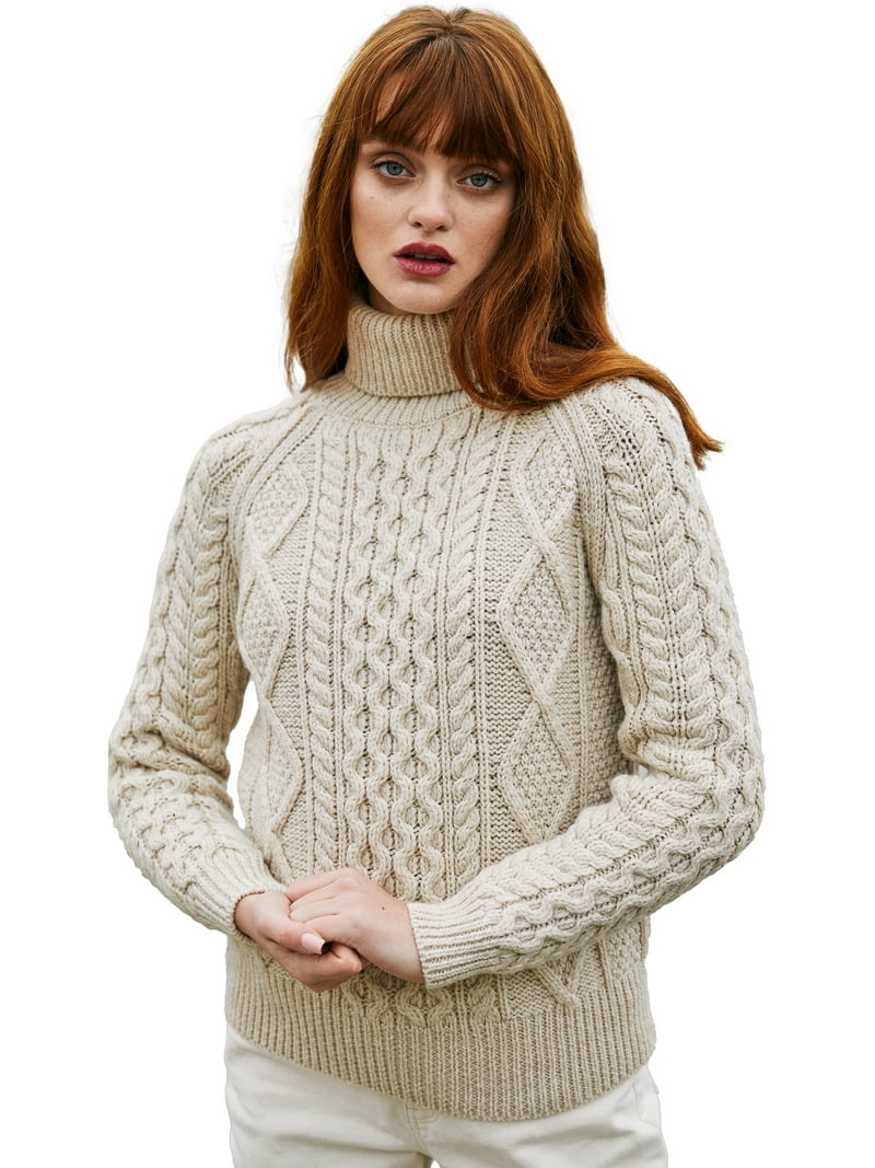 SAOL 100% Merino Wool Women's Irish Sweater, Cable Knit Turtleneck