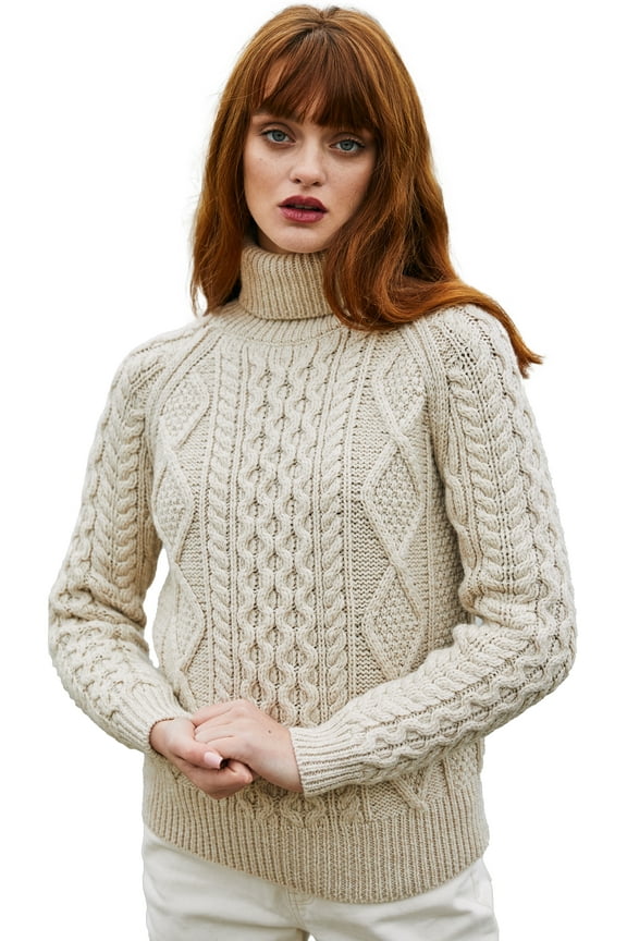 Aran Women's Irish Sweater 100% Merino Wool Fisherman Cable Knit Turtleneck Pullover Made in Ireland