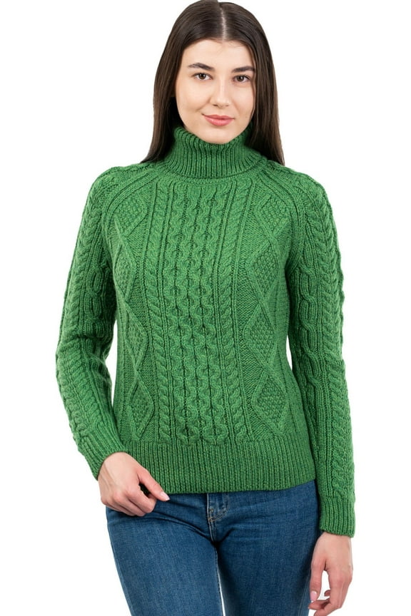Aran Women's Irish Sweater 100% Merino Wool Fisherman Cable Knit Turtleneck Pullover Made in Ireland