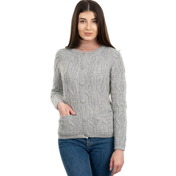 SAOL Aran Wool Button Up Cardigan Sweater Women's Irish Cable Knitted Jacket with Pockets
