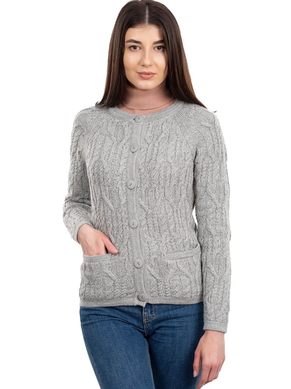 Aran Wool Button Up Cardigan Sweater Women's Irish Cable Knitted Jacket with Pockets