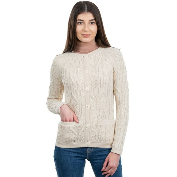 SAOL Aran Wool Button Up Cardigan Sweater Women's Irish Cable Knitted Jacket with Pockets