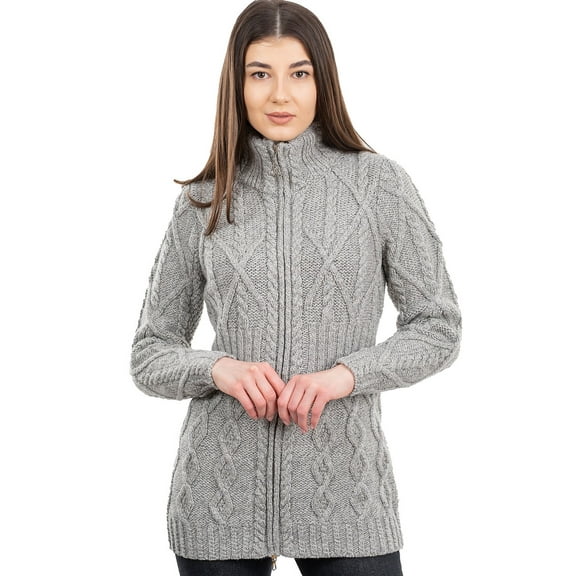 SAOL Aran Zip Cable Knitted Long Cardigan Irish Fisherman Sweater 100% Premium Merino Wool Women's Outdoor Jacket Made in Ireland