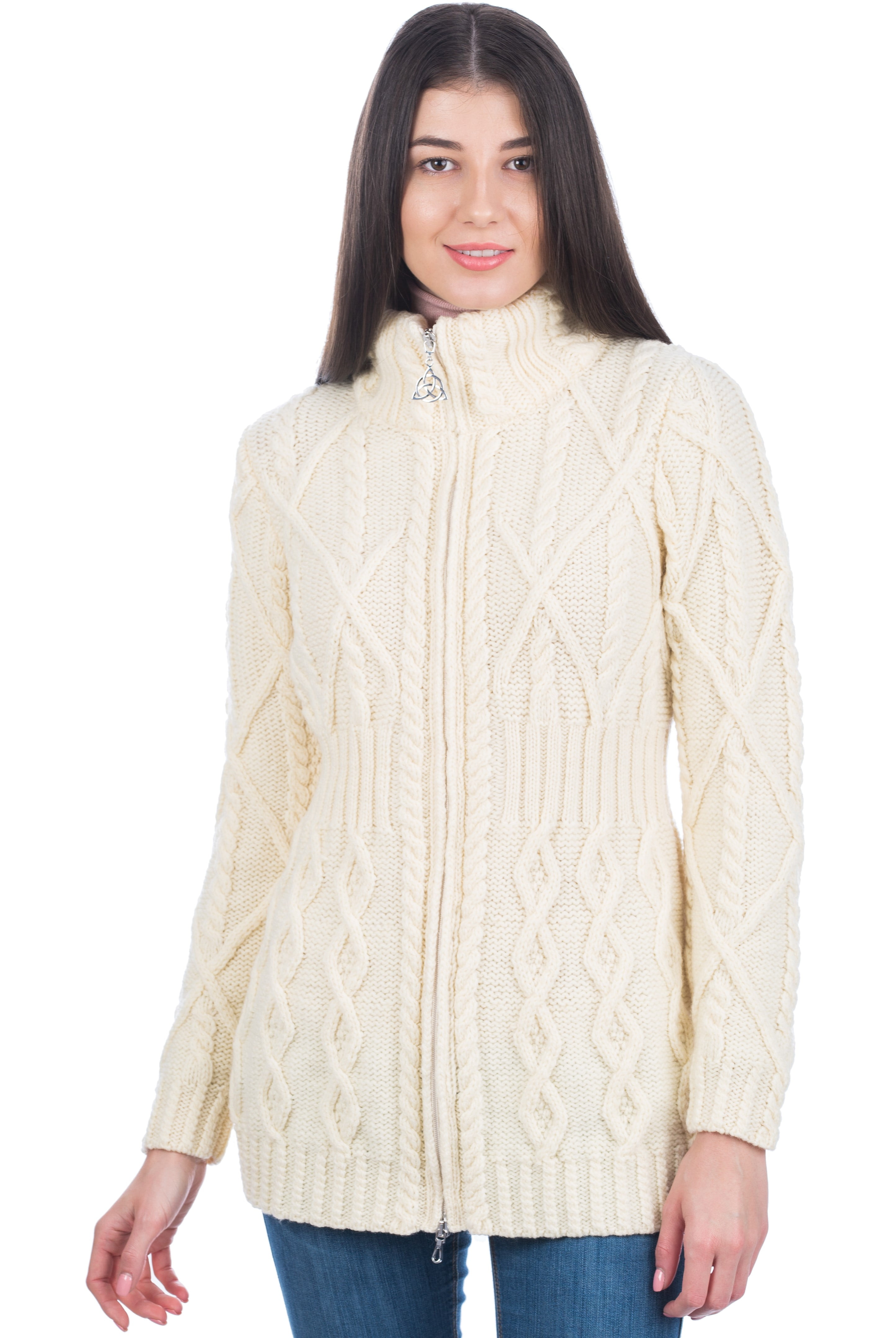 SAOL Women's 100% Merino Wool Irish Cardigan - Aran Cable Knit Coatigan With Celtic Knot Buttons, Army Green