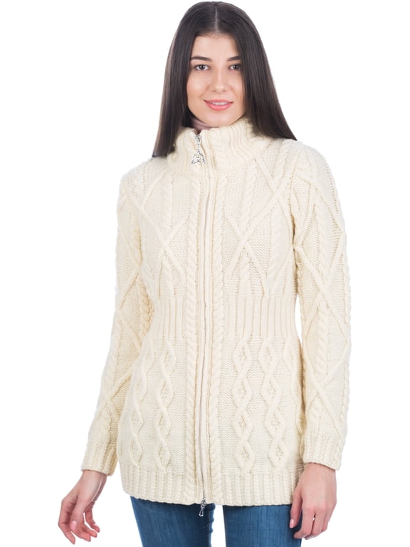 Aran Zip Cable Knitted Long Cardigan Irish Fisherman Sweater 100% Premium Merino Wool Women's Outdoor Jacket Made in Ireland