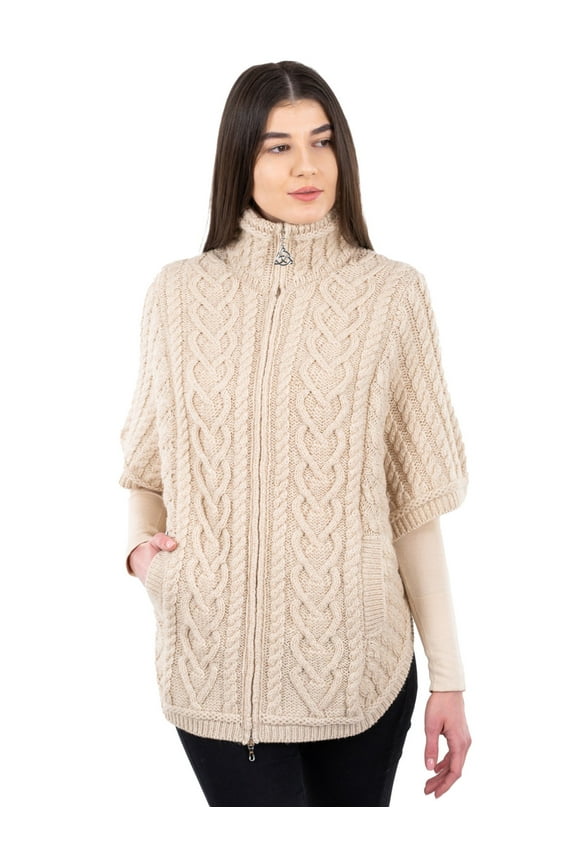 Aran Zipper Cardigan Sweater 100% Merino Wool Poncho / Cape Women's High Neck Irish Jacket with Pockets Made in Ireland