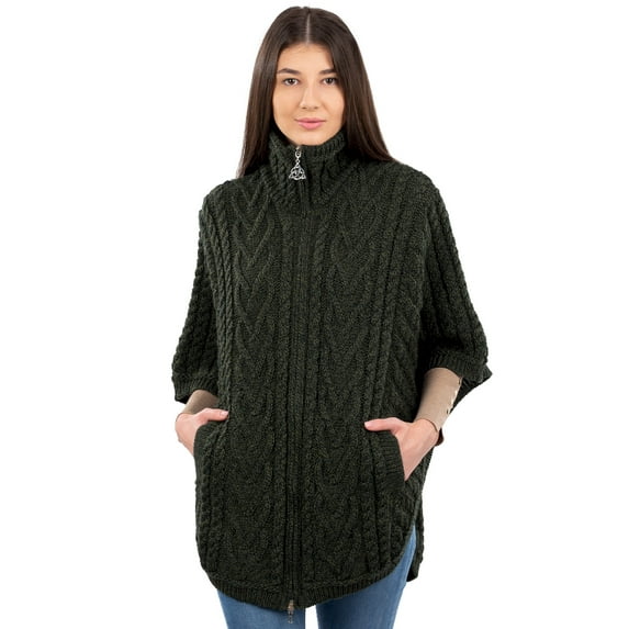 SAOL Aran Zipper Cardigan Sweater 100% Merino Wool Poncho / Cape Women's High Neck Irish Jacket with Pockets Made in Ireland