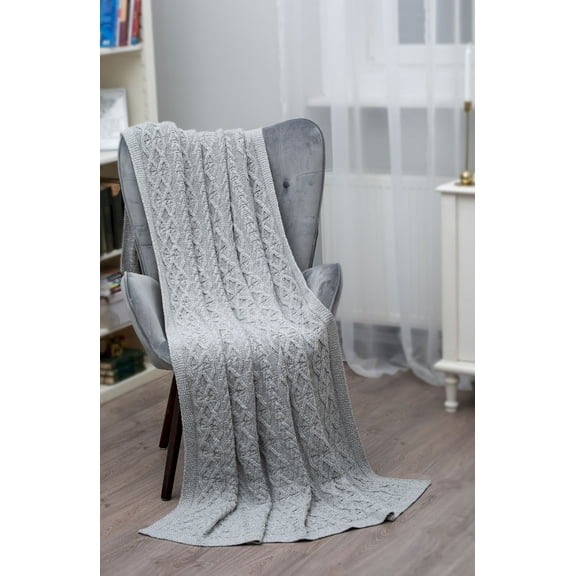 SAOL Braided Cable Knitted Soft Wool Blend Throw Blanket Irish Aran Bedcover 75''x46'' Gray Made in Ireland