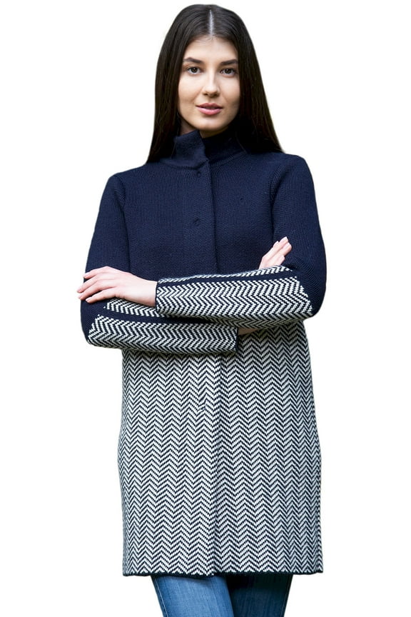 Buttons Up Wool Coat Women’s Long Outdoor Cardigan Irish Herringbone Jacket Made in Ireland