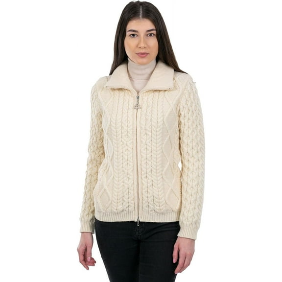 SAOL Cable Knit Bomber Jacket 100% Merino Wool Zip Cardigan