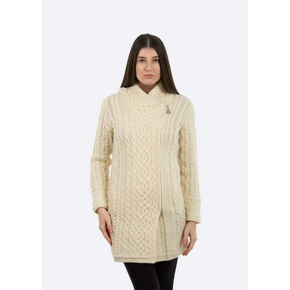 SAOL Cable Knitted Zip Aran Hooded Cardigan 100% Merino Wool Women's Irish Fisherman Sweater Made in Ireland