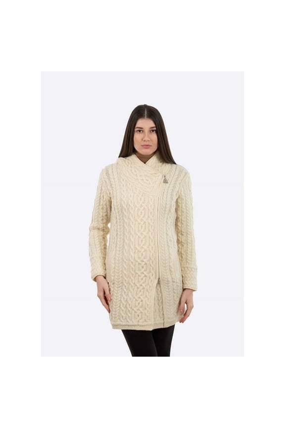 Cable Knitted Zip Aran Hooded Cardigan 100% Merino Wool Women's Irish Fisherman Sweater Made in Ireland