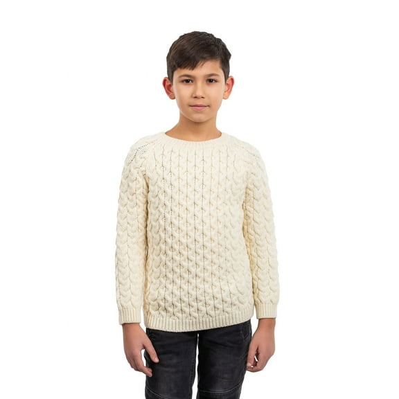SAOL Classic Aran Cable Sweater for Kids: Crew Neck, 100% Merino Wool Celtci Knit, Made in Ireland