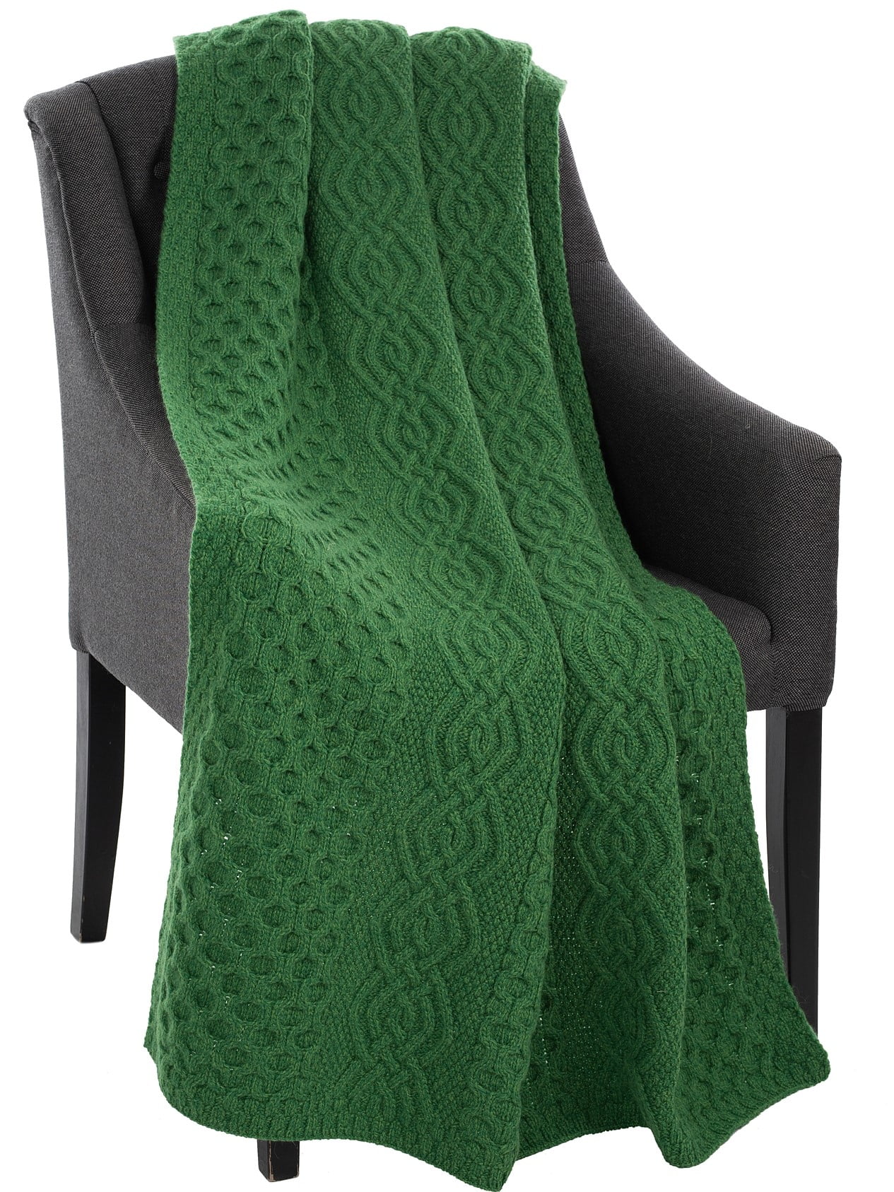 Green Heavyweight Merino Wool Aran Knit Twin Throw Blanket