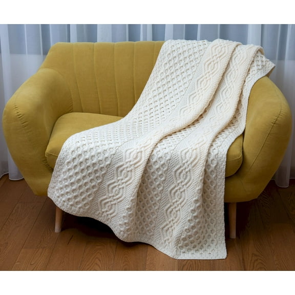 SAOL Honeycomb and Cable Knitted Patterns 100% Merino Wool Luxurios&nbsp;Aran Throw / Blanket (Natural) from Ireland