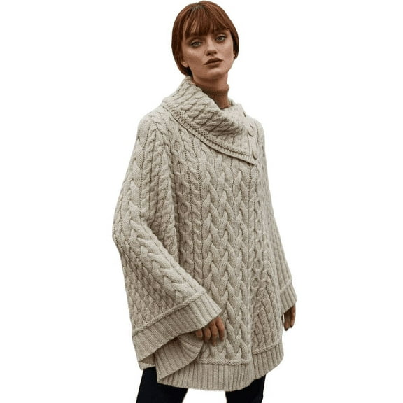 SAOL Irish 100% Merino Wool Cable Knit Poncho Women's Aran Fisherman Cowl Neck Button Irish Cape, One Size