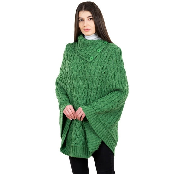 SAOL Irish 100% Merino Wool Cable Knit Poncho Women's Aran Fisherman Cowl Neck Button Irish Cape, One Size