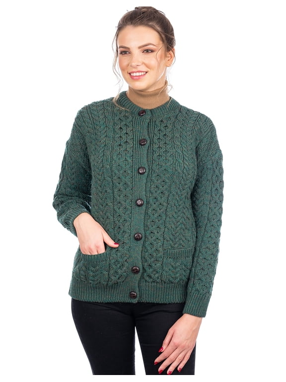 Irish Aran 100% Premium Soft Merino Wool Button Up Cardigan Sweater for Women Made in Ireland | Cable Knitted Connemara Green Lumber Jacket