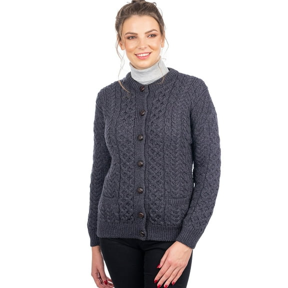 SAOL Irish Aran 100% Premium Soft Merino Wool Button Up Cardigan Sweater for Women Made in Ireland | Cable Knitted Gray Lumber Jacket