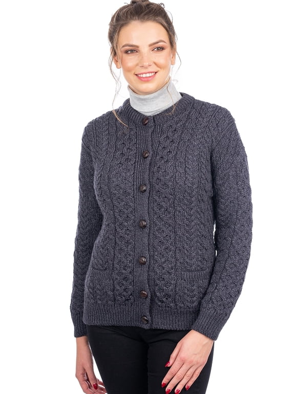 Irish Aran 100% Premium Soft Merino Wool Button Up Cardigan Sweater for Women Made in Ireland | Cable Knitted Gray Lumber Jacket