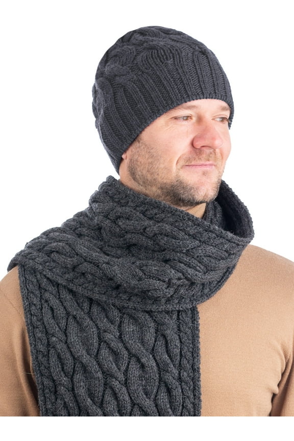 Irish Aran Cable Knitted Beanie Hat for Men 100% Premium Soft Merino Wool Warm Cap from Ireland