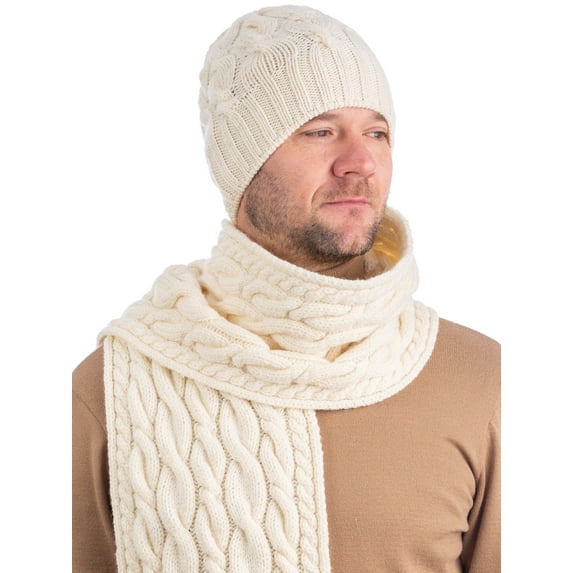 SAOL Irish Aran Cable Knitted Beanie Hat for Men 100% Premium Soft Merino Wool Warm Cap from Ireland