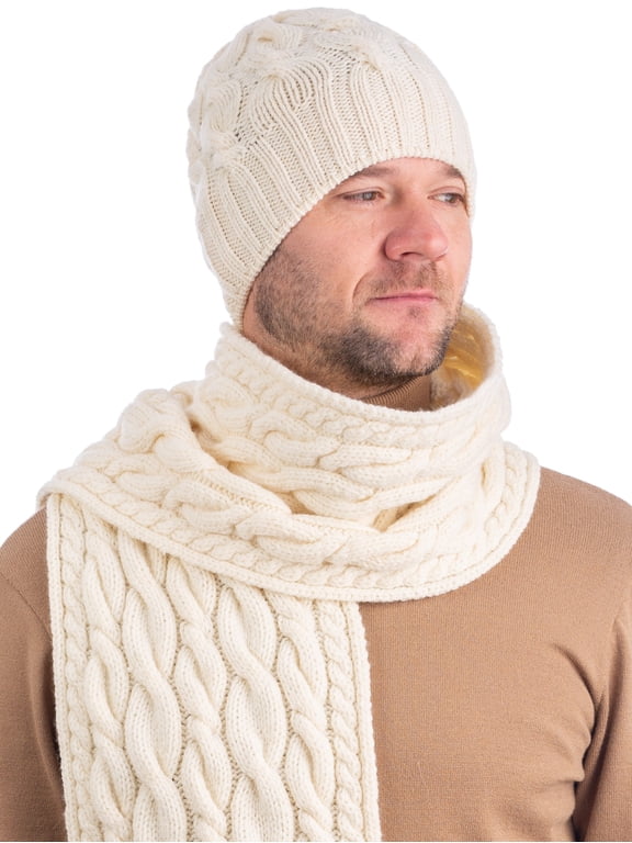 Irish Aran Cable Knitted Beanie Hat for Men 100% Premium Soft Merino Wool Warm Cap from Ireland