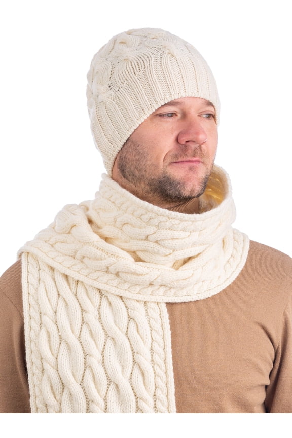 Irish Aran Cable Knitted Beanie Hat for Men 100% Premium Soft Merino Wool Warm Cap from Ireland