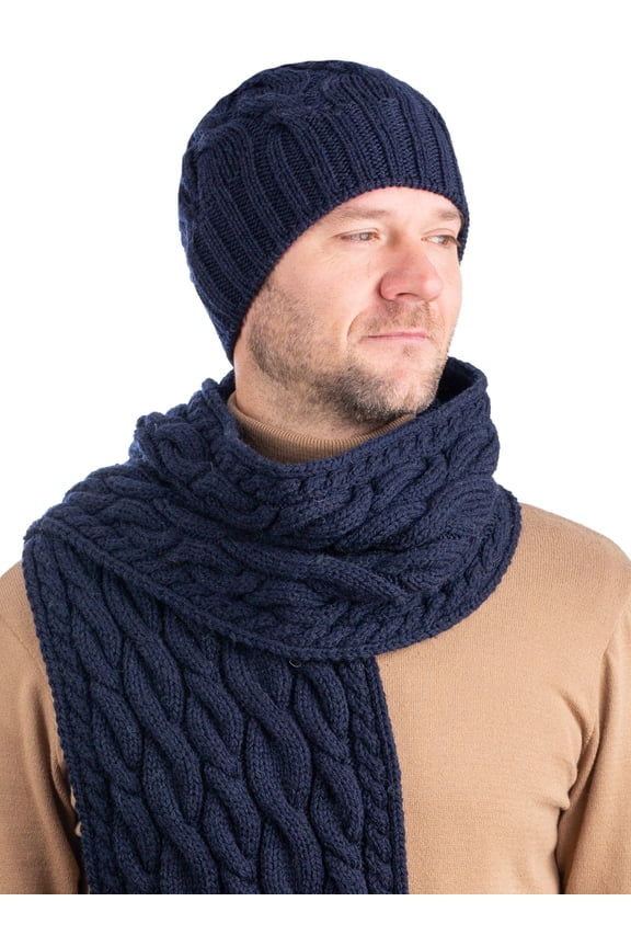 Irish Aran Cable Knitted Beanie Hat for Men 100% Premium Soft Merino Wool Warm Cap from Ireland