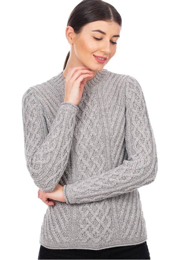 Irish Aran Fisherman Tunic Fitted Sweater Wool Blend Women's Crew Neck Cable Knit Pullover