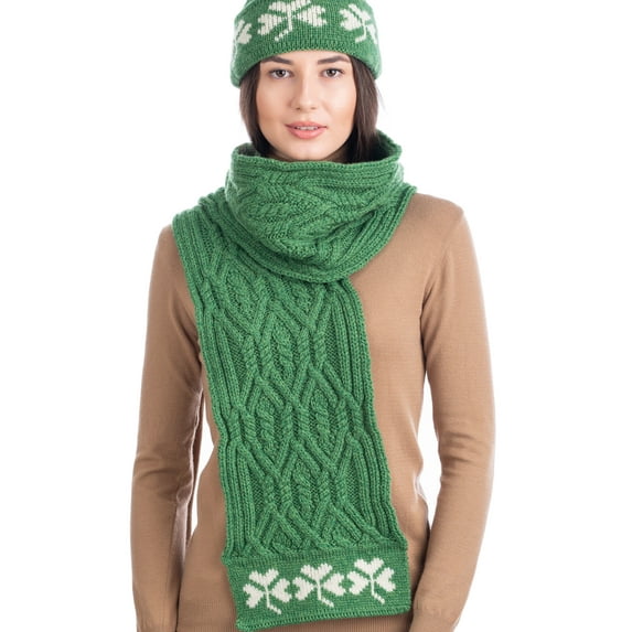 SAOL Irish Aran Knitted Shamrock Scarf 100% Premium Soft Merino Wool Women`s Oversized Loop Scarf from Ireland