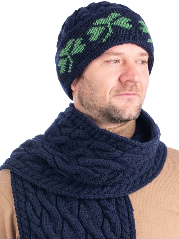 Irish Aran Shamrock Knitted Hat 100% Premium Soft Merino Wool Men`s Warm Beanie Cap from Ireland