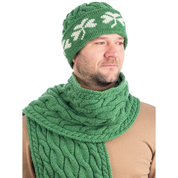 SAOL Irish Aran Shamrock Knitted Hat 100% Premium Soft Merino Wool Men`s Warm Beanie Cap from Ireland