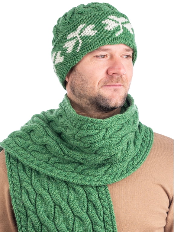 Irish Aran Shamrock Knitted Hat 100% Premium Soft Merino Wool Men`s Warm Beanie Cap from Ireland