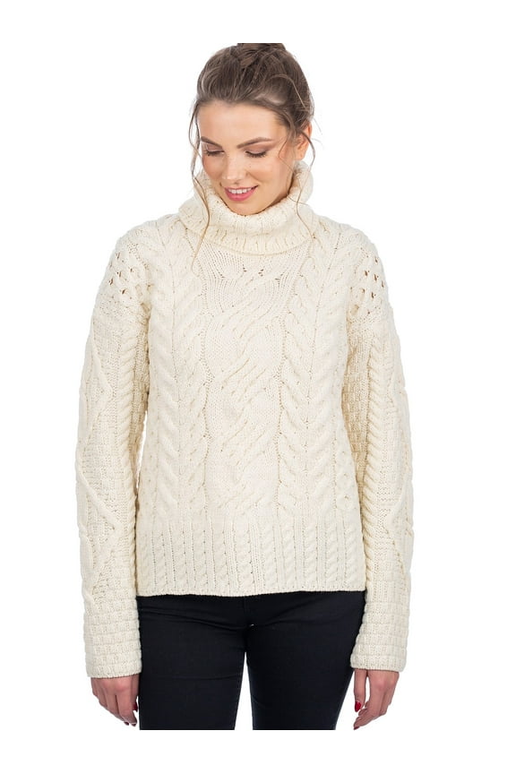 Irish Aran Sweater 100% Super Soft Premium Merino Wool Cable Knit White Turtleneck Pullover for Women Made in Ireland