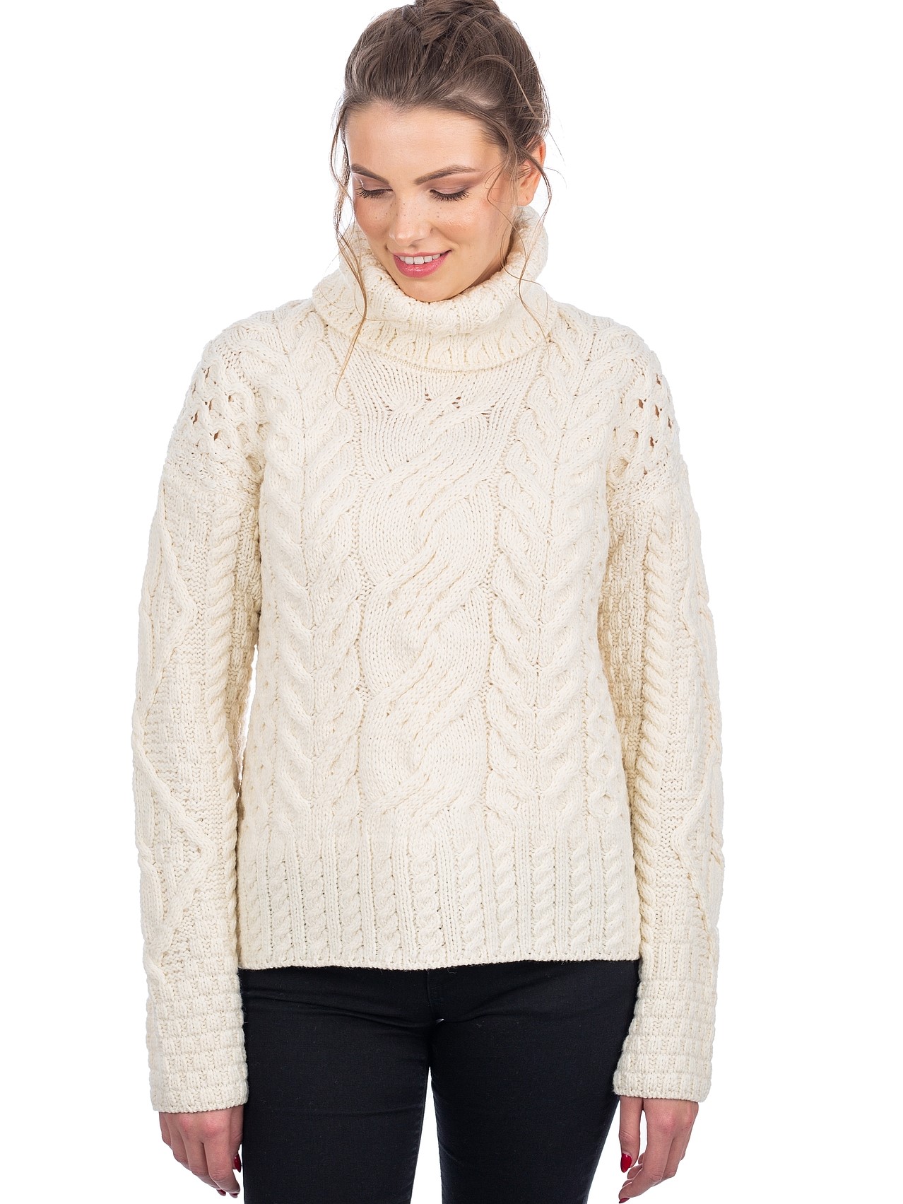 SAOL Irish Aran Sweater 100% Super Soft Premium Merino Wool Cable Knit White Turtleneck Pullover for Women Made in Ireland - image 1 of 5