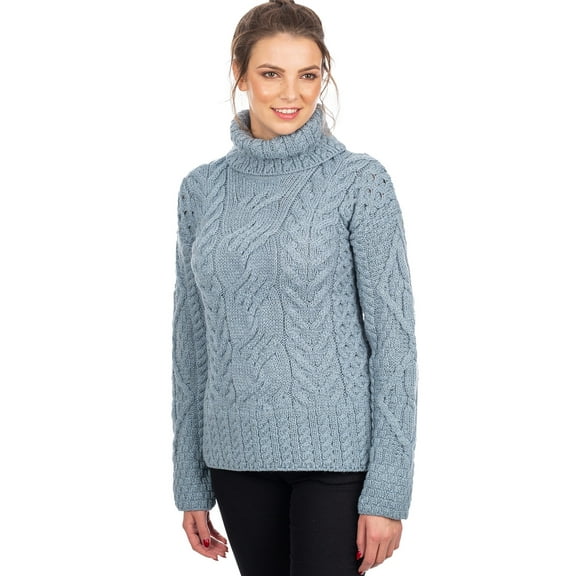 SAOL Irish Aran Sweater 100% Super Soft Premium Merino Wool Cable Knit White Turtleneck Pullover for Women Made in Ireland