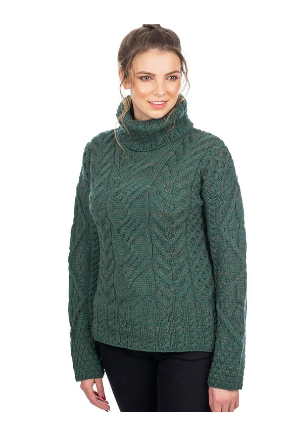 Irish Aran Sweater 100% Super Soft Premium Merino Wool Cable Knit White Turtleneck Pullover for Women Made in Ireland